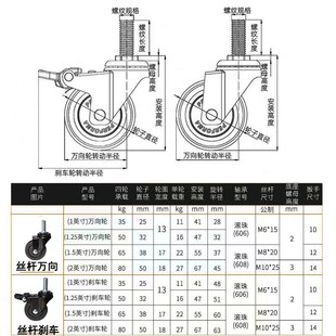 1寸丝杆万向轮MM8M10黑色螺丝脚轮静音软橡胶胶家具轮带刹车滑轮
