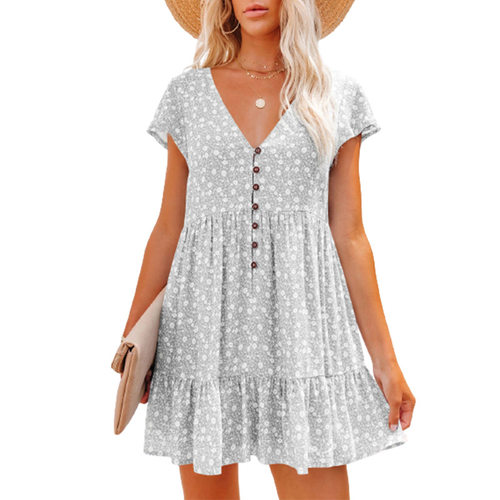omen Blouse Dress Summer V Neck Short Sleeve Button Ruffle
