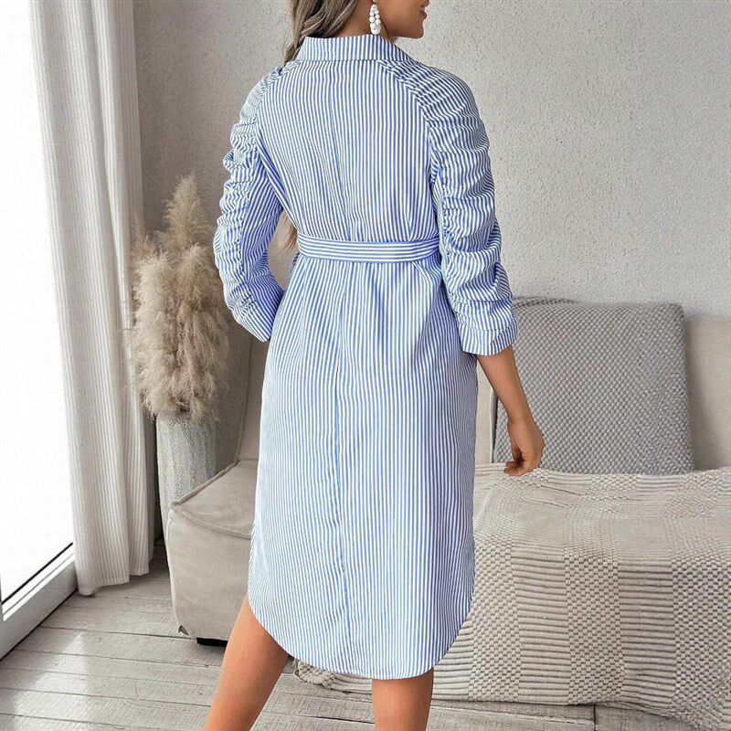 Women Striped Lapel Button Casual Pregnant Womens Dress Ple - 实物图