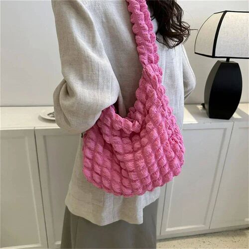 Crossbody Bag With Pleated Design Embroidered Plaid Shoulder