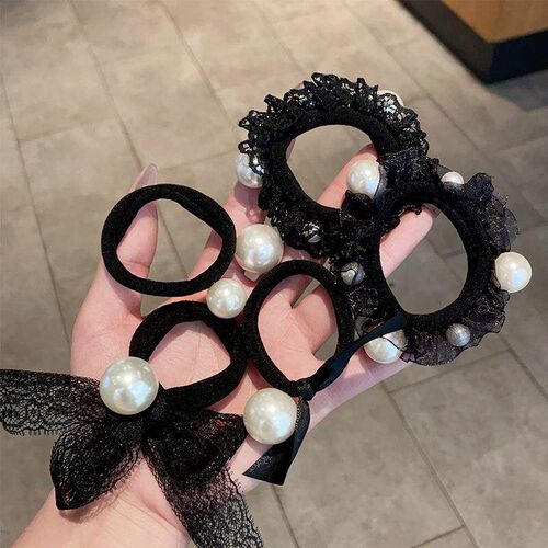 Black large pearl hair tie for high ponytail, wide and thick