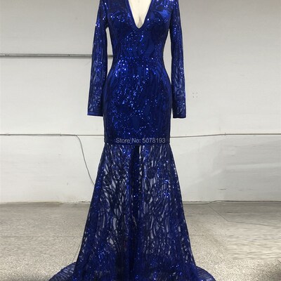 N215 Elegant royal blue fashion V-neck long sleeves zipper m