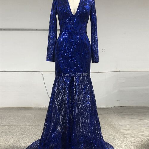 N215 Elegant royal blue fashion V-neck long sleeves zipper m