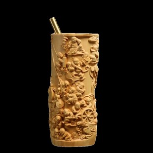 小叶黄杨木雕实木雕刻木质摆件文房工艺文化礼品人物收藏百子笔筒