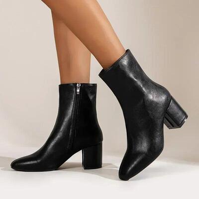White Ankle Boots for Women  Side Zipper Sretch Middle Heel