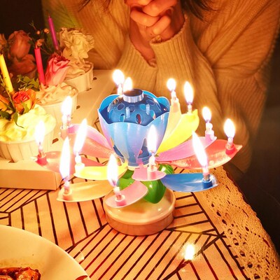 1pcs Cake Candle Musical Rotating Lotus Flower Candle Light