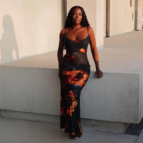 Sexy Print Slim Fit Dress 2025 SS Europe US Fashion Strappy