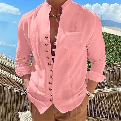 2025 Mens new cotton and linen pocket retro stand-up collar