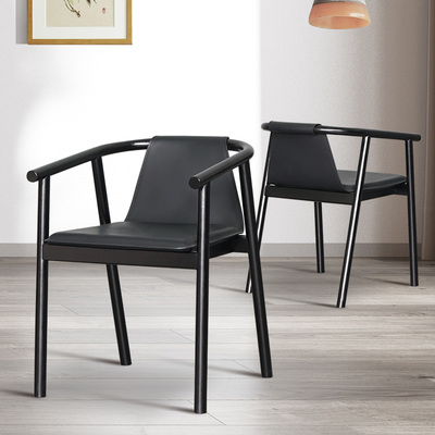 亿客乐意式靠背带扶手白蜡木皮椅餐桌椅休闲椅阳台室内马鞍皮艺椅