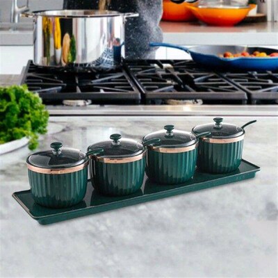 Spice Jar and spoon Tray Condiment Pots Set Salt Container