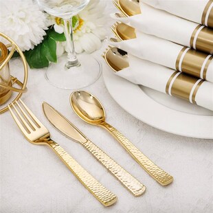 Nervure 400Pcs Pre Rolled Gold Plastic Silverware Sets - Hea