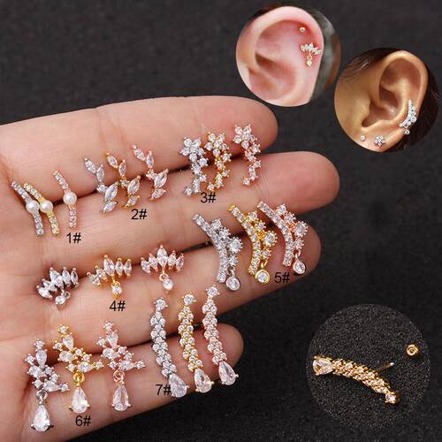 1Piece Curved Cz Cartilage Stud Helix Rook Conch Screw Back