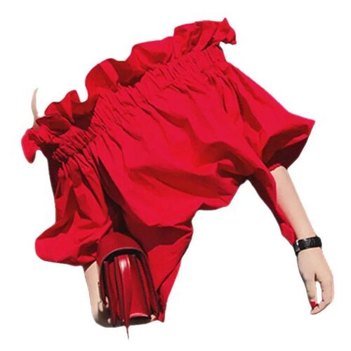 Plus Size Womens Summer Red Ruffle Edge One-Shoulder Shirt