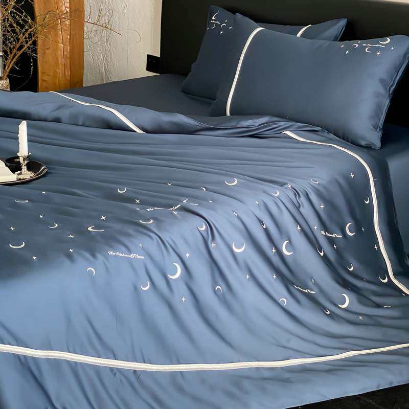夏季丝滑裸睡莱赛尔纤维四件套星月刺绣凉感透气被套床品