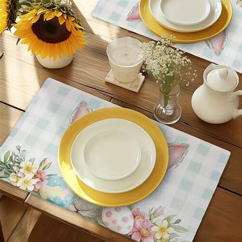 4Pcs, Easter Egg Floral Bunny Placemats, Washable, Suitable