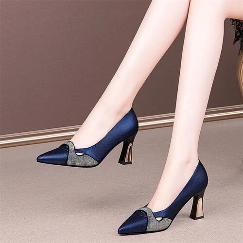 Women Classic Navy Blue Crystal Shining High Heel Shoes Lady