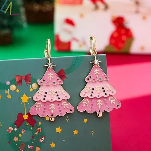 Pink Girl ChristmasTree Earrings for women cute Jewelry gift