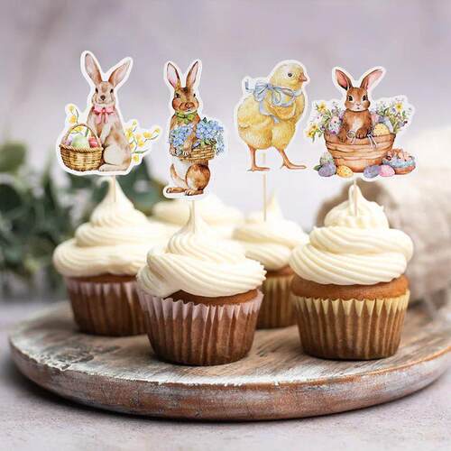 8/16pcs Easter Bunny Chick Cupcake Toppers Happy Easter Part