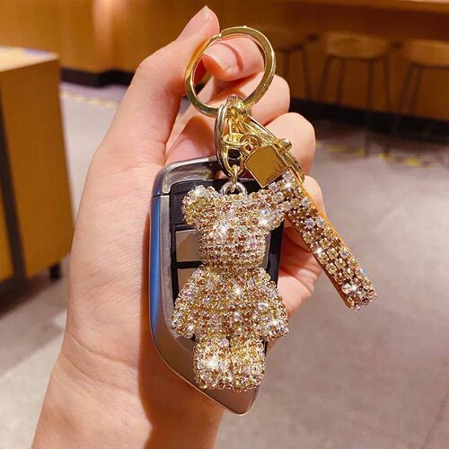 Cute Rhinestone Bear Keychain Woman Keyring for Car Key Cart