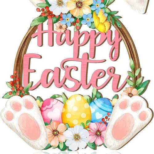 Easter Bunny Wooden Doorplate Decoration Door Sign, Happy Ea
