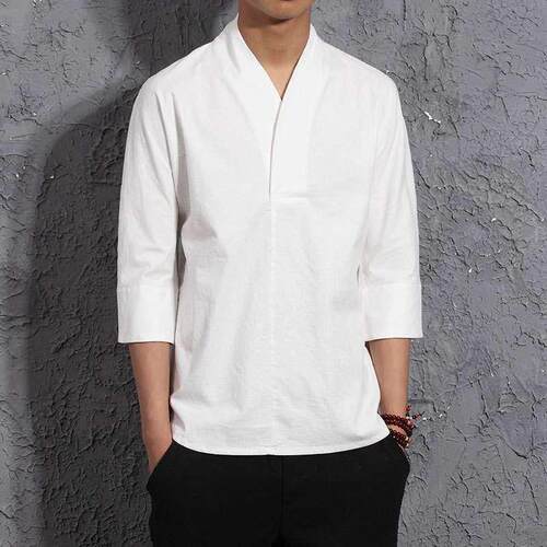Summer New Cotton and Linen Mens Casual Seven-sleeve T-shir