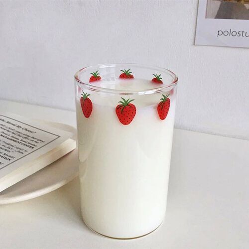 300ml Strawberry Cute Glass Cup With Straw Creative Transpar