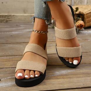 Ladies Elastic Flat Sandals Simulated Grass Weave Lightweigh