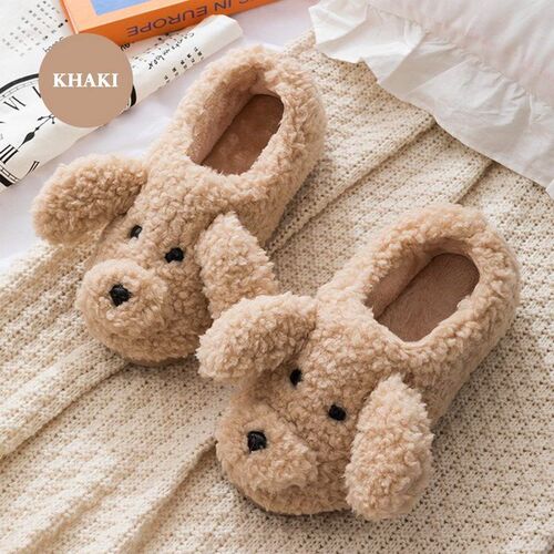 Cartoon 3D Teddy Dog Women Men Plush Slippers Winter Warm So