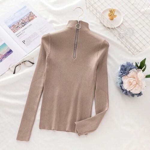 Korean Solid Zipper Knitted Pullover Sweater Autumn Winter L