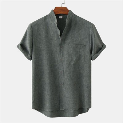 Summer 2025 Mens Plain Shortsleeved Cotton Linen Shirt 2025