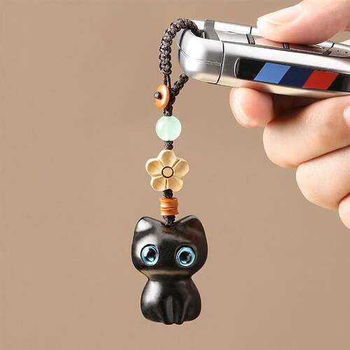 Sandalwood Wooden Lucky Cat Keychain Car Keys Pendant Charms