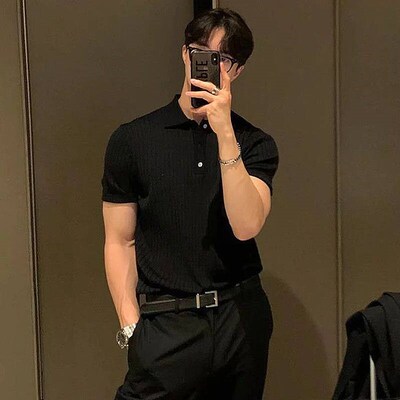 Summer Mens Retro Knitting Lapel Stripe  Shirt Solid Color