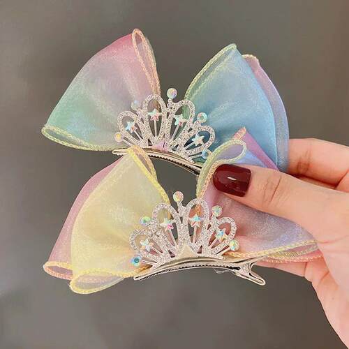 Pastel Rainbow Hair Bows Gradient Color Princess Crown Hair