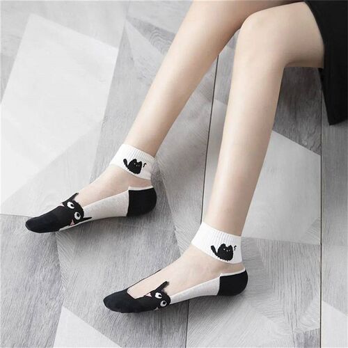 5Pair/lot Summer Sock Black and White Cat Gla Silk Breathabl
