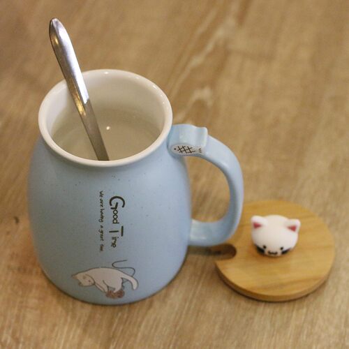Lovely mug woman of cat ceramic cup with cover cup spoon