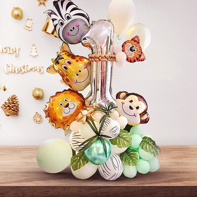 48pcs/Set Jungle Explore Safari Animal Balloons Foil Number