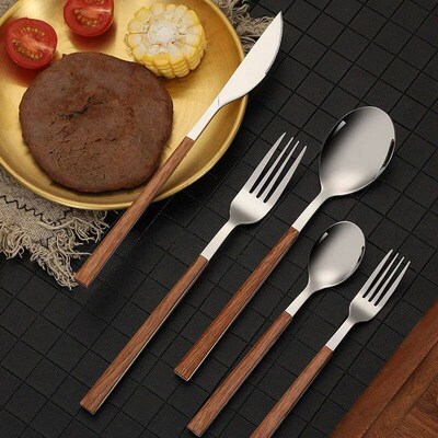 16pcs Stainless Steel Imitation Wooden Handle Cutlery Set Di