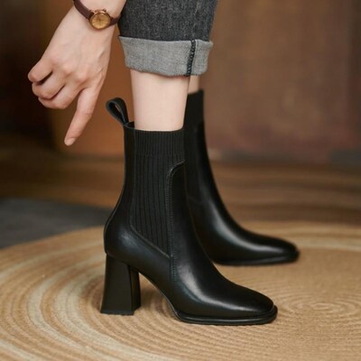 Solid Color Nude Boots Women Square Head 2023 Spring and Aut