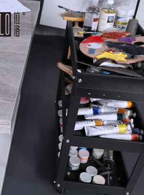 拉洛LLO 黑色油画绘画工具车 画架三层小推车 金属移动颜料画车