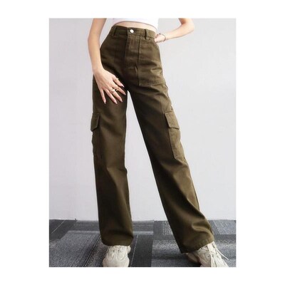 Straight Leg Cargo Pants Women HighWaist Baggy Trousers Lady