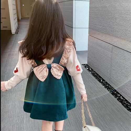 Girls 2025 Autumn Bow Corduroy Vest Dress Embroidered Flower
