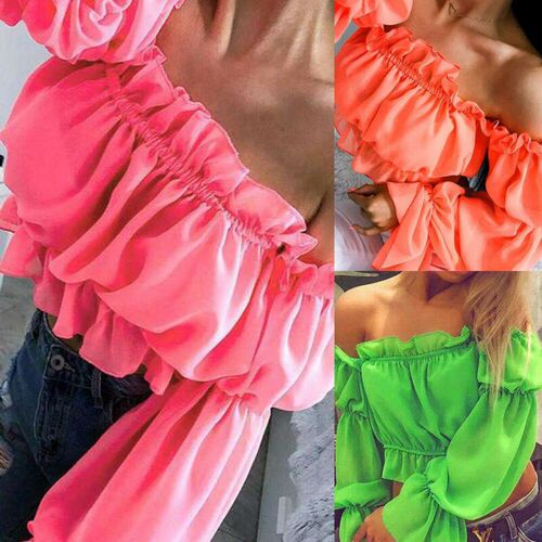 Summer Off Shoulder Ruffle Women Crop Tops Blouses Casual Lo