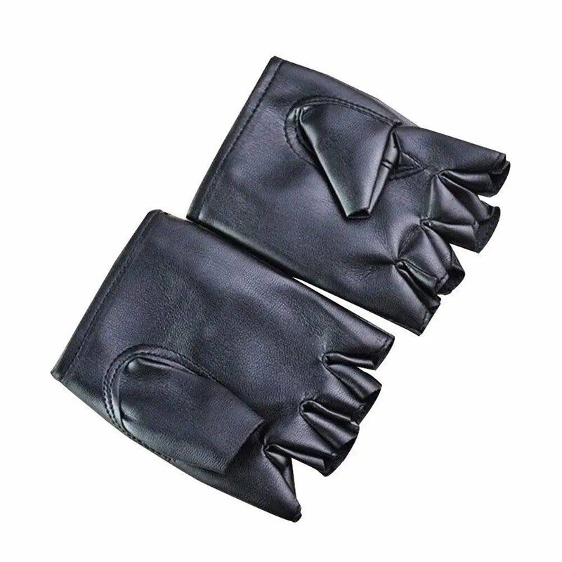1 Pair Unisex Black Synthetic Leather Fingerless Gloves Soli