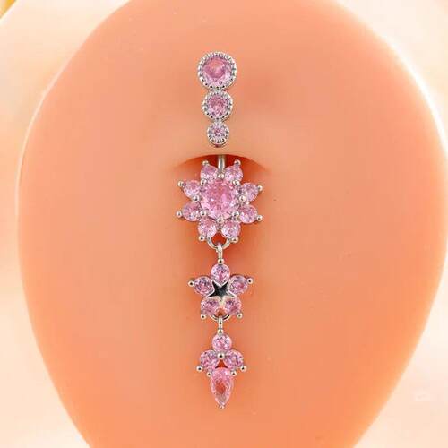 Pink Color Stainless Steel Belly Button Ring Long Dangled Fl