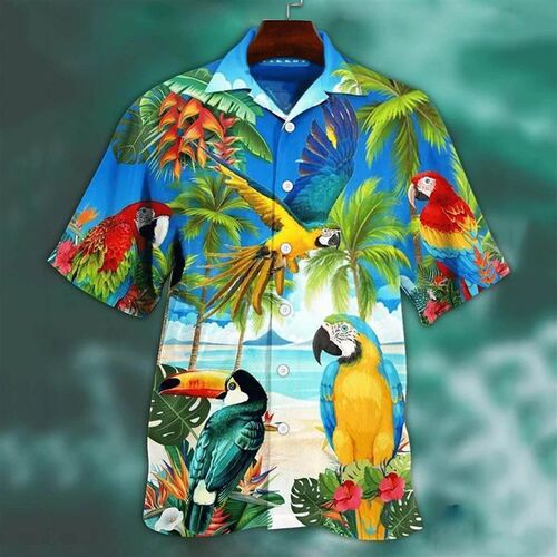 Animal Parrot Print Patchwork Fashion Hawaiian Men Shirt Coo