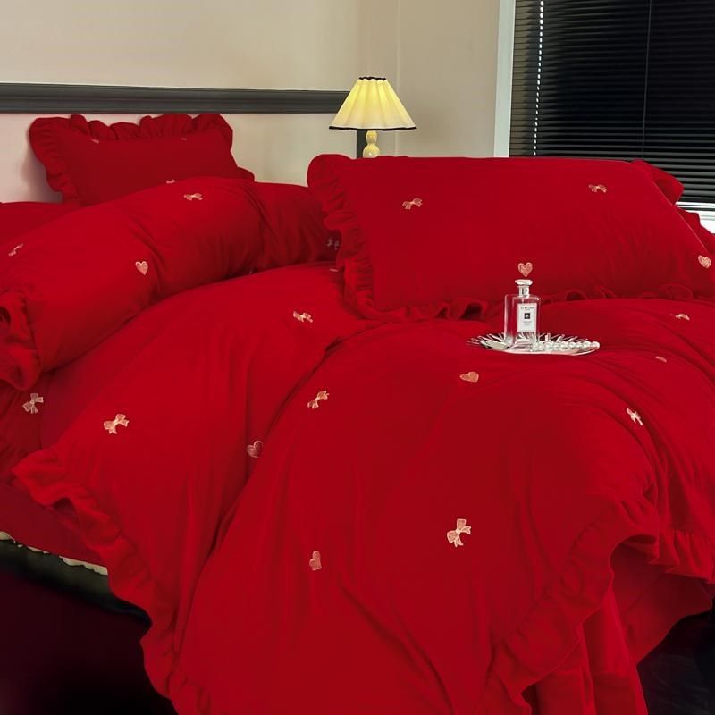 【送抱枕】冬季红色结婚乔迁珊瑚绒四件婚庆新房床上用品,床上用品,婚庆床品套件,淘宝优惠券,粉丝福利购,淘宝优惠卷