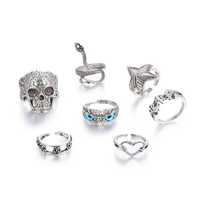 Retro Statement 7Piece Ring Set w Skull Starfish Joint Owl R
