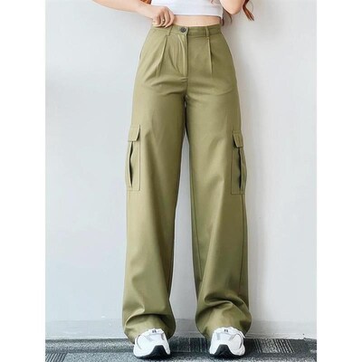 Straight Leg Cargo Pants Women HighWaist Baggy Trousers Lady
