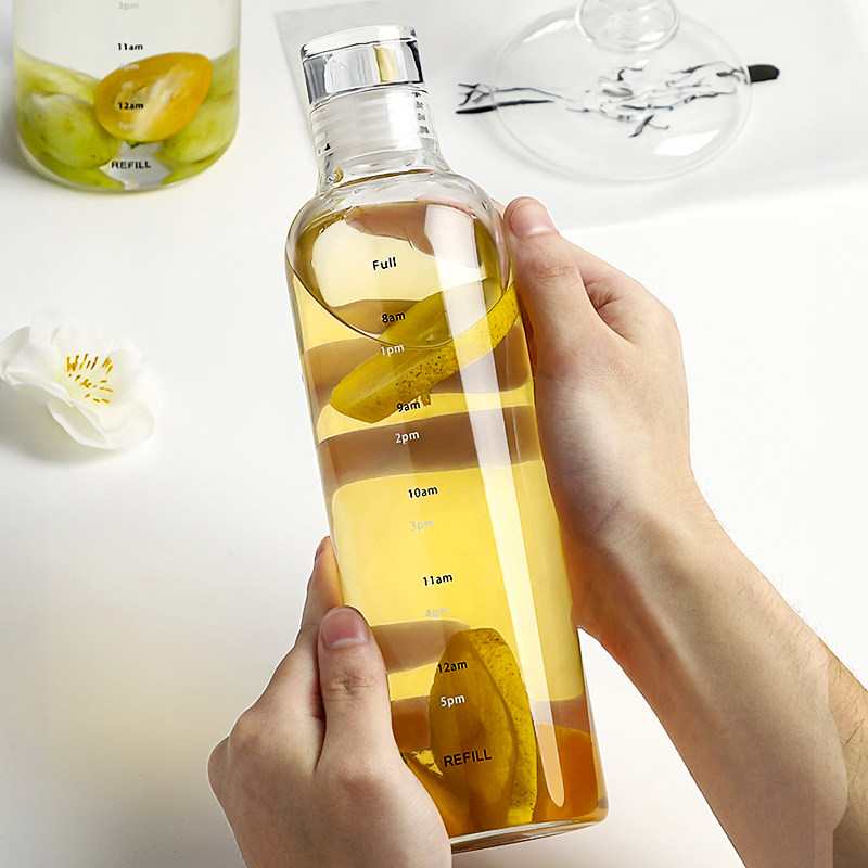 玻璃杯时间刻度水杯高硼硅带盖便携杯子果汁饮料冷泡瓶大容量