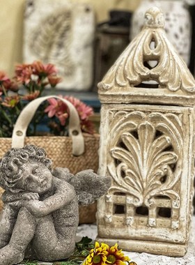 水泥做旧白风灯 露台花园客厅摆件复古风